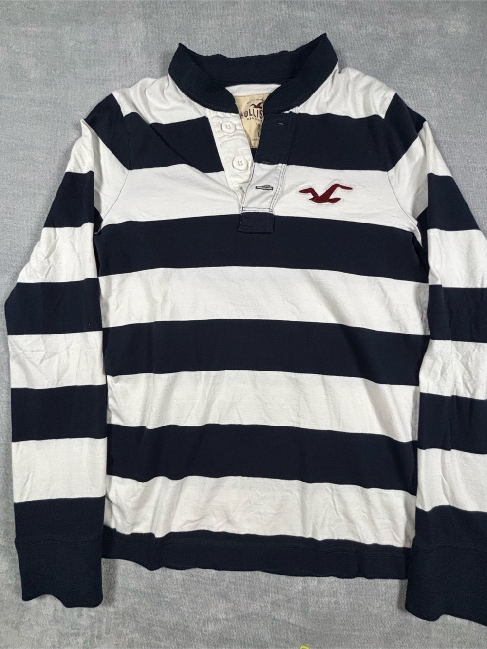 Hollister Navy and White Striped Rugby Shirt